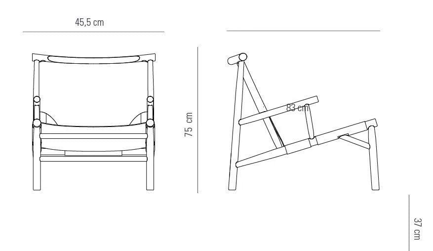 Dessin technique du fauteuil Samurai Chair Norr11 – proportions, structure bois et cuir – fiche produit Maison Caldeira