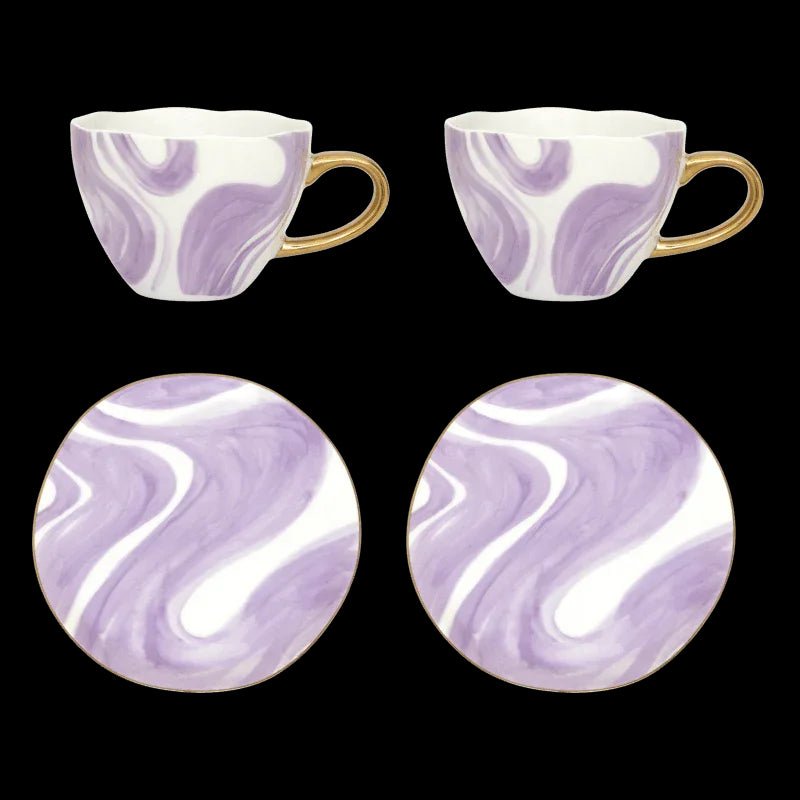Tasse à café Cappuccino/Thé Bonjour et Assiette Valuri Violet, lot de 4, dans un coffret cadeau - Caldeira