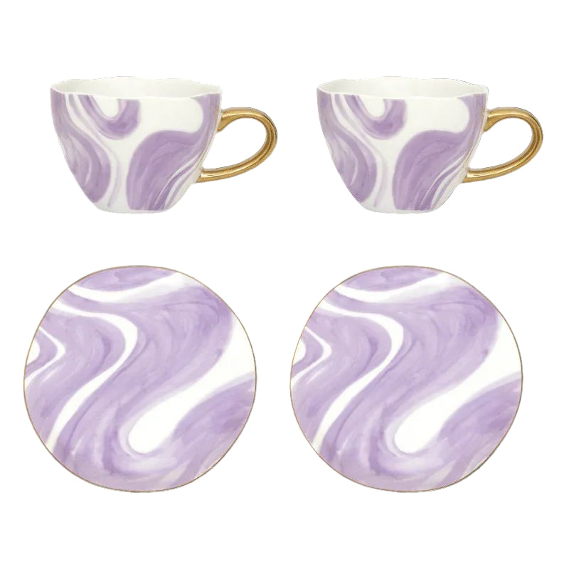 Tasse à café Cappuccino/Thé Bonjour et Assiette Valuri Violet, lot de 4, dans un coffret cadeau - Caldeira