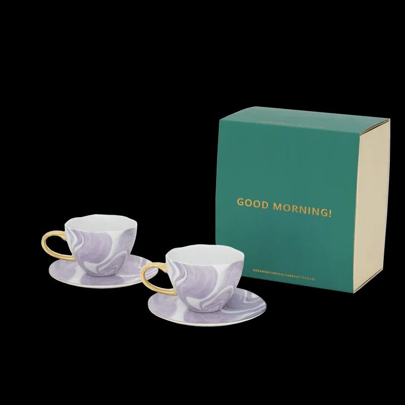 Tasse à café Cappuccino/Thé Bonjour et Assiette Valuri Violet, lot de 4, dans un coffret cadeau - Caldeira