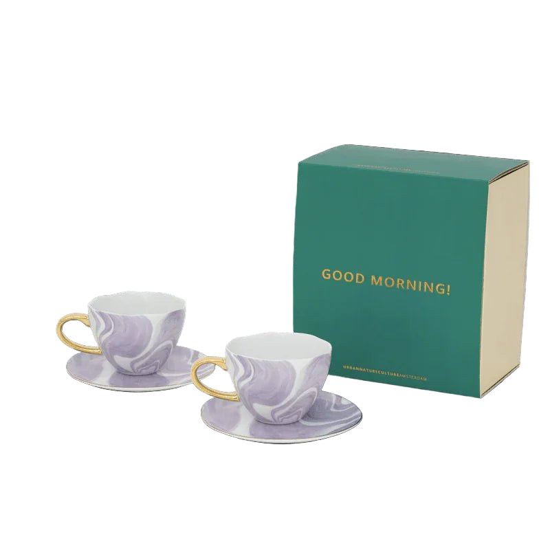 Tasse à café Cappuccino/Thé Bonjour et Assiette Valuri Violet, lot de 4, dans un coffret cadeau - Caldeira