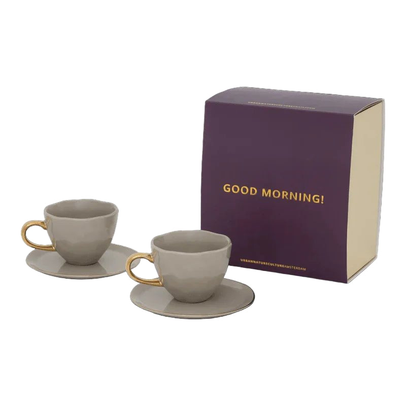 Tasse à café/cappuccino et assiette Bonjour Gris Matin, ensemble de 4, dans un coffret cadeau - Caldeira