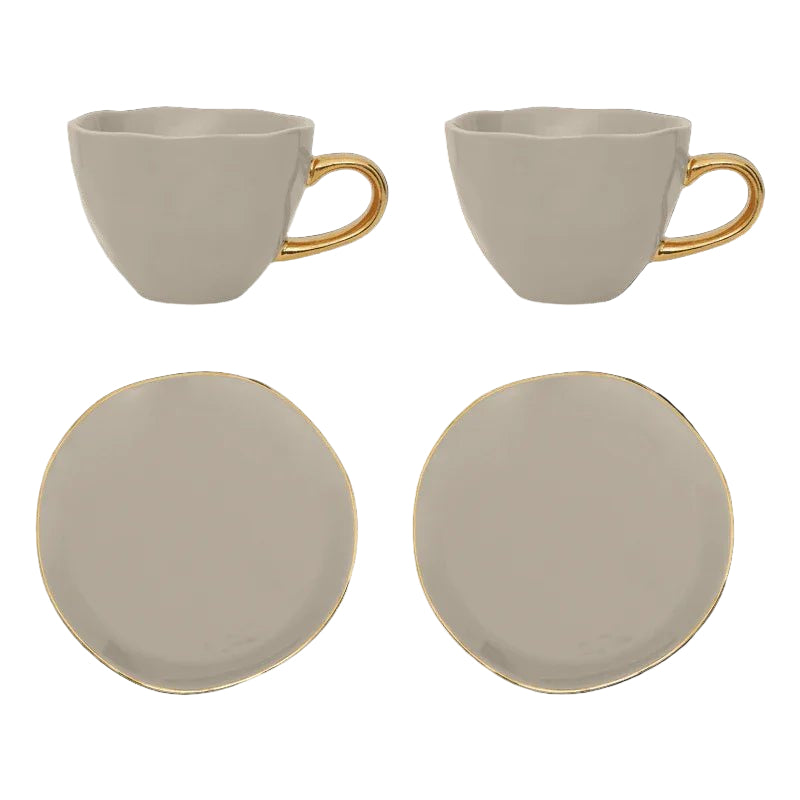 Tasse à café/cappuccino et assiette Bonjour Gris Matin, ensemble de 4, dans un coffret cadeau - Caldeira