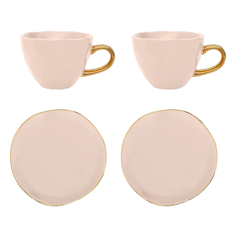 Tasse Bonjour Cappuccino/Thé et Assiette Papaye/Vieux Rose, ensemble de 4, dans un coffret cadeau - Caldeira