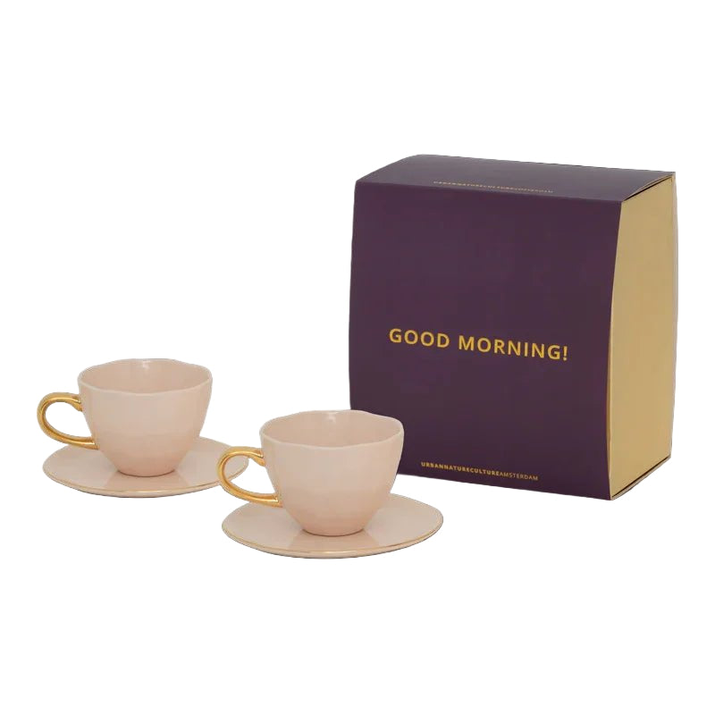 Tasse Bonjour Cappuccino/Thé et Assiette Papaye/Vieux Rose, ensemble de 4, dans un coffret cadeau - Caldeira