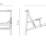 Dessin technique du fauteuil Samurai Chair Norr11 – proportions, structure bois et cuir – fiche produit Maison Caldeira