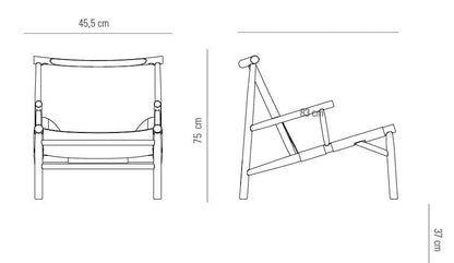 Dessin technique du fauteuil Samurai Chair Norr11 – proportions, structure bois et cuir – fiche produit Maison Caldeira
