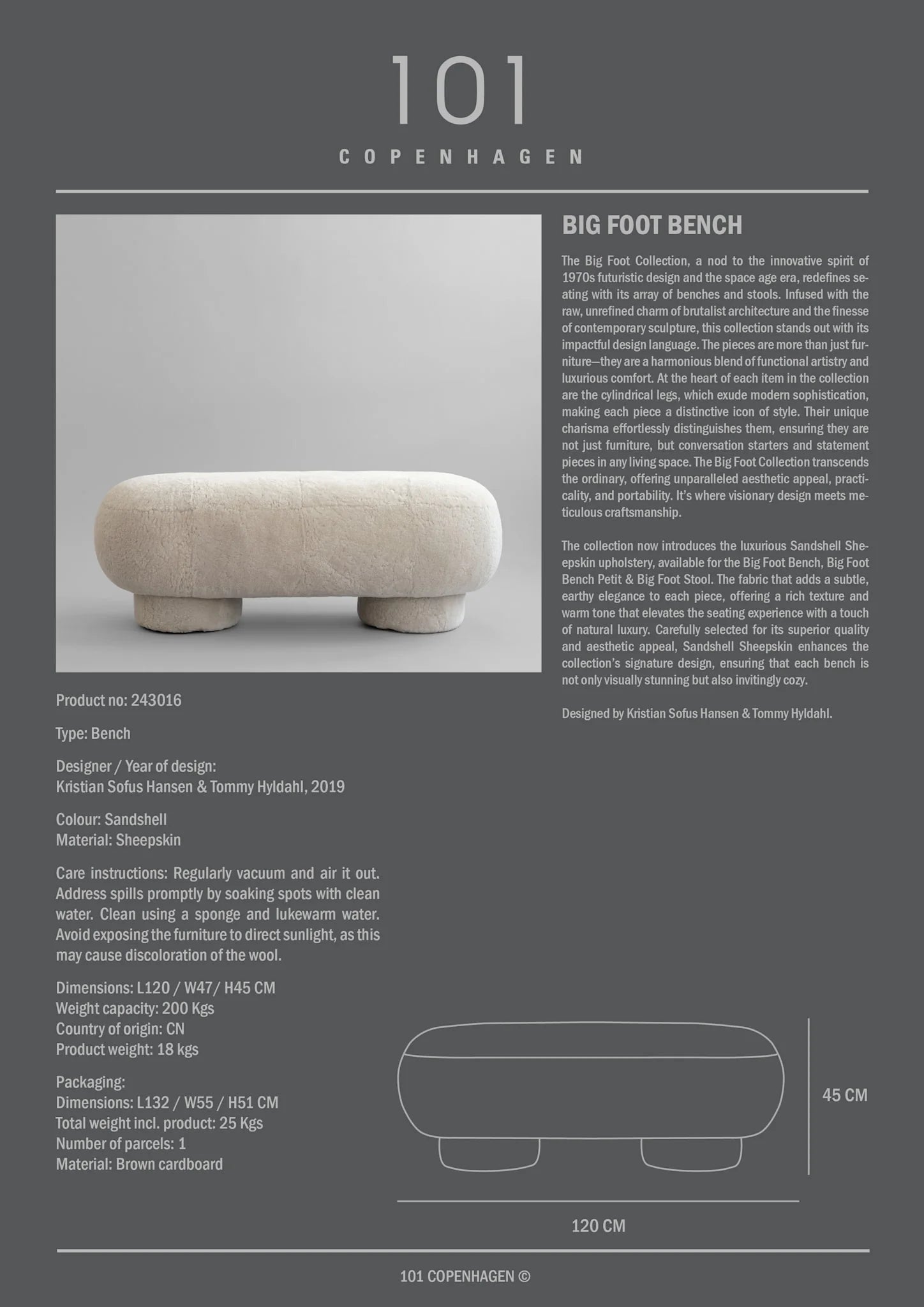 Banc Big Foot en peau de mouton - Sable - 101 copenhagen - Scandinave - Maison Caldeira