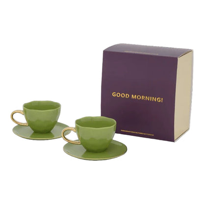 Tasse à café Cappuccino/Thé Bonjour et assiette branche de sapin, lot de 4, dans un coffret cadeau - Caldeira
