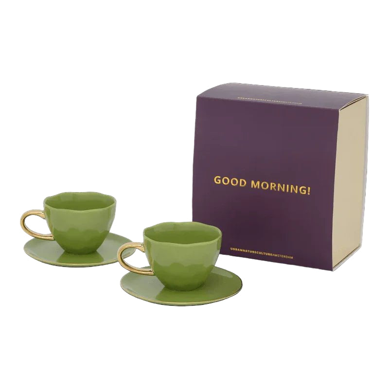Tasse à café Cappuccino/Thé Bonjour et assiette branche de sapin, lot de 4, dans un coffret cadeau - Caldeira