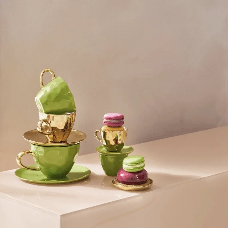 Tasse à café Cappuccino/Thé Bonjour et assiette branche de sapin, lot de 4, dans un coffret cadeau - Caldeira