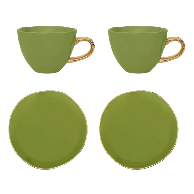 Tasse à café Cappuccino/Thé Bonjour et assiette branche de sapin, lot de 4, dans un coffret cadeau - Caldeira