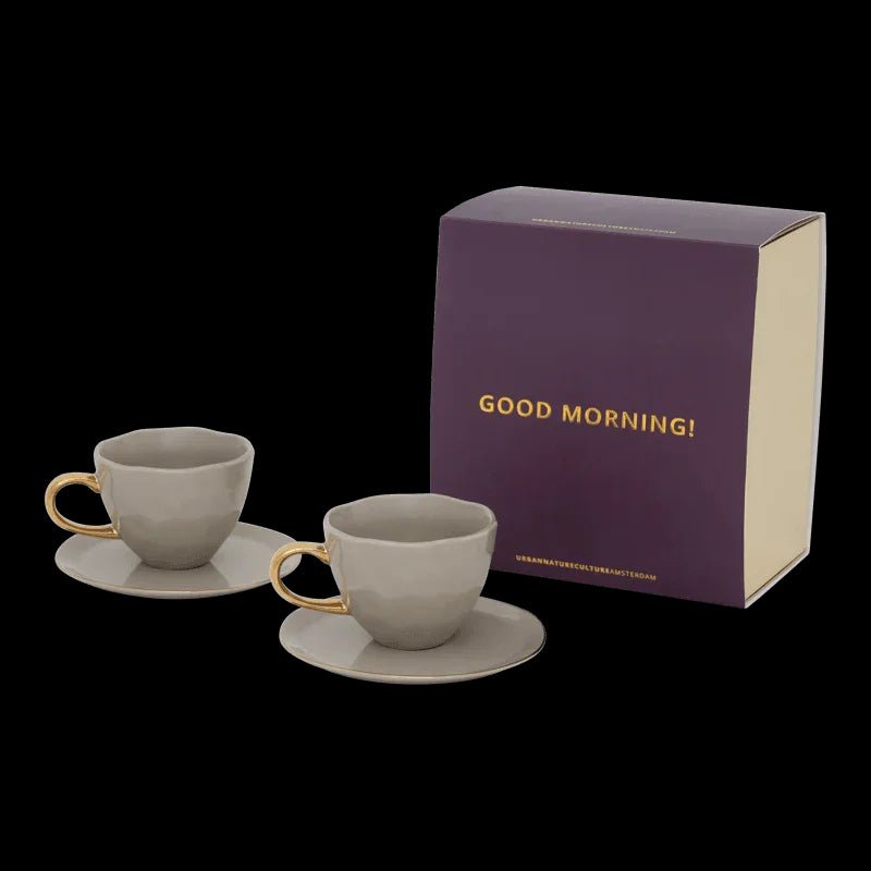 Tasse à café/cappuccino et assiette Bonjour Gris Matin, ensemble de 4, dans un coffret cadeau - Caldeira
