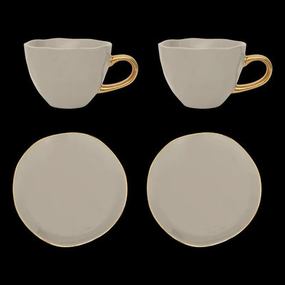 Tasse à café/cappuccino et assiette Bonjour Gris Matin, ensemble de 4, dans un coffret cadeau - Caldeira