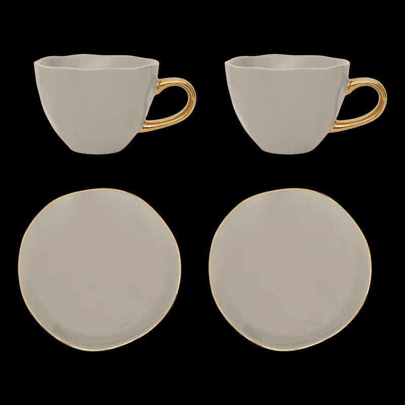 Tasse à café/cappuccino et assiette Bonjour Gris Matin, ensemble de 4, dans un coffret cadeau - Caldeira