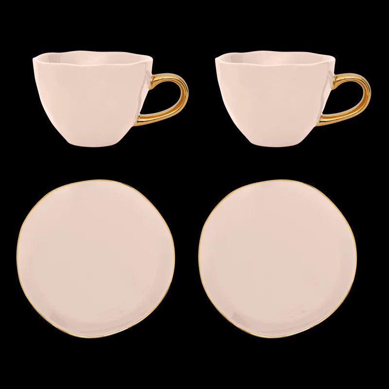 Tasse Bonjour Cappuccino/Thé et Assiette Papaye/Vieux Rose, ensemble de 4, dans un coffret cadeau - Caldeira