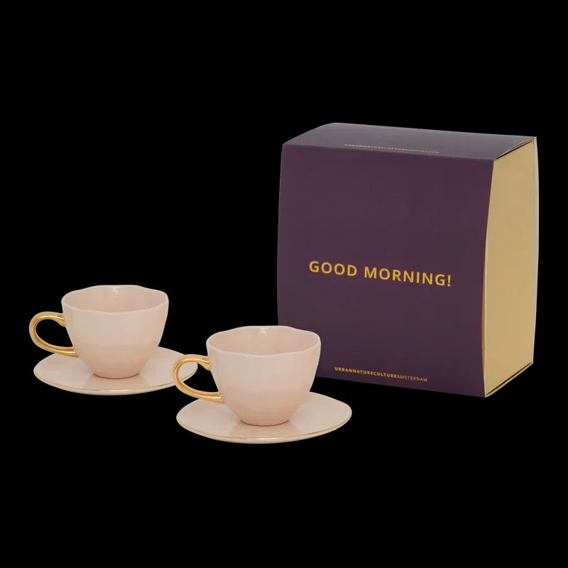 Tasse Bonjour Cappuccino/Thé et Assiette Papaye/Vieux Rose, ensemble de 4, dans un coffret cadeau - Caldeira