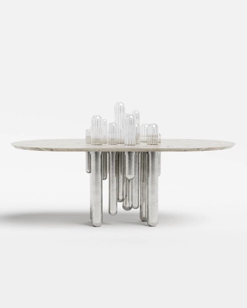 Coffee table Cactus Lalique – table ovale, cristal argenté et design architectural, Maison Caldeira